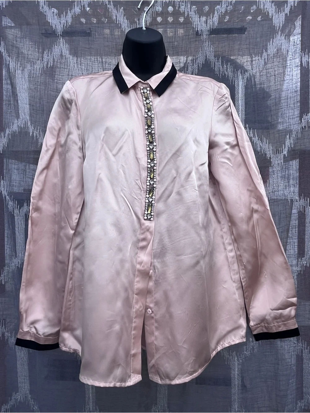 Tory Burch Pink Silk/Rayon  Button-Down with Black Contrast Collar